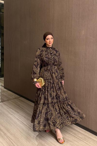 Aleda Acı Kahve  Desenli Elbise