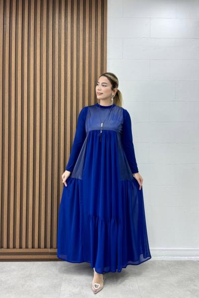 Kübra Elbise Takım Saks Mavisi