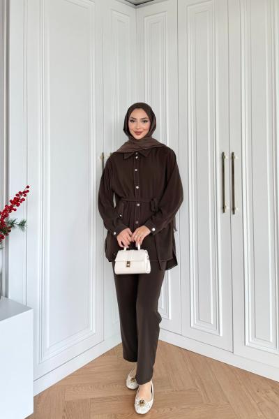 Selen Pantolonlu Takım Kahve