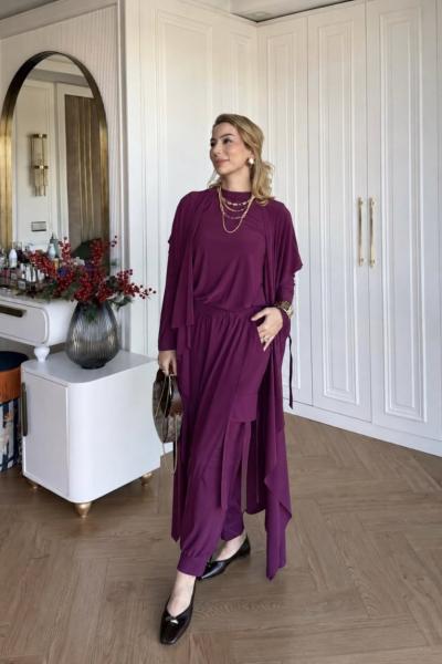 Zarife Üçlü Pantolon Takım Mürdüm