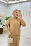 Açık Kahve Damla Triko Elbise Takım Tesettür Giyim