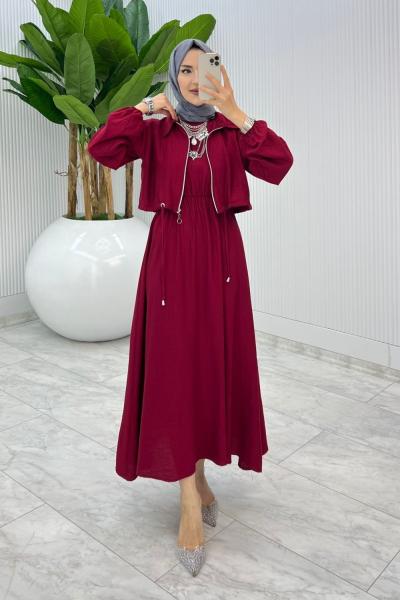 Bordo Jale Elbise Takım Tesettür Giyim