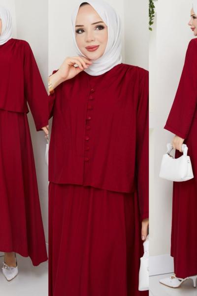 Bordo Modadüğme Elbise Takım Tesettür Giyim
