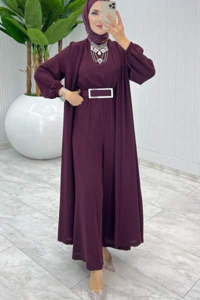 Bordo Premium Silva Tulumlu Abaya Takım Tesettür Giyim