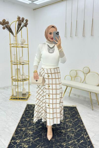 Ekru Ekose Triko Takım Tesettür Giyim