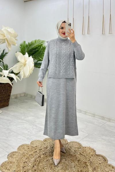 Gri Kahve Damla Triko Elbise Takım Tesettür Giyim