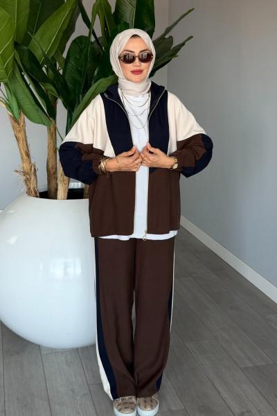 Kahve Başak Takım Genç Kadın Fermuarlı Spor Premium Seri Modal Kumaş Tesettür Giyim