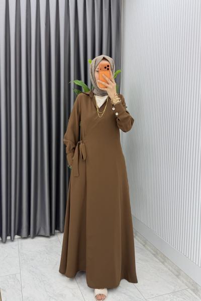 Kahve Eflal Bağlamalı Ferace Premium Seri Tesettür Giyim