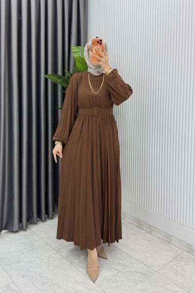 Kahve Hifa Piliseli Elbise Tesettür Giyim