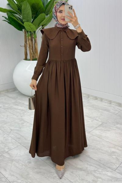 Kahve Premium Bebe Yaka Elbise Tesettür Giyim