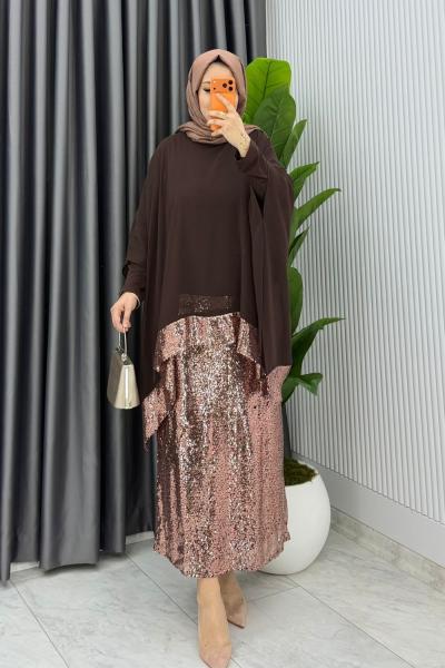 Kahve Premium Fatma Payetli Etek Takım Tesettür Giyim