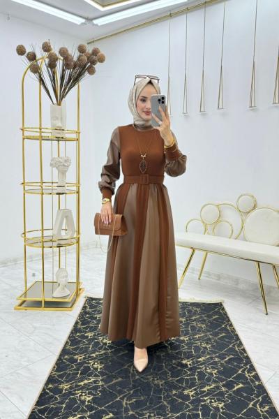 Kahve Prenses Deri Elbise Tesettür Giyim
