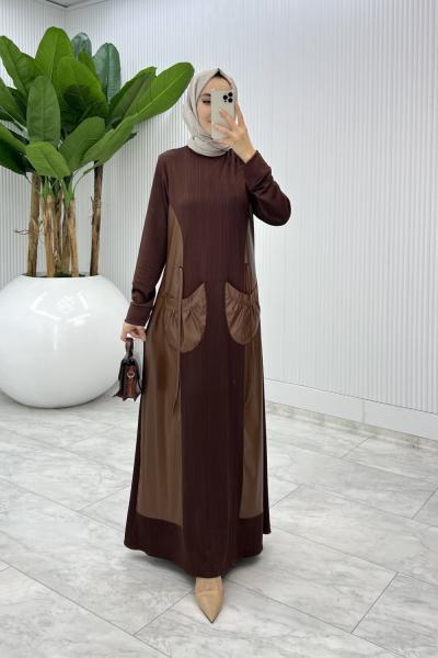 Kahverengi Aysa Deri Cepli Elbise Tesettür Giyim