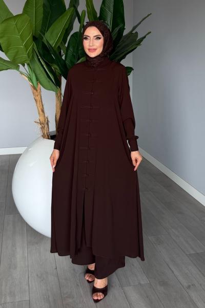 Kahverengi Kayra Takım Medine İpeği Kumaş Tesettür Giyim Premium Seri