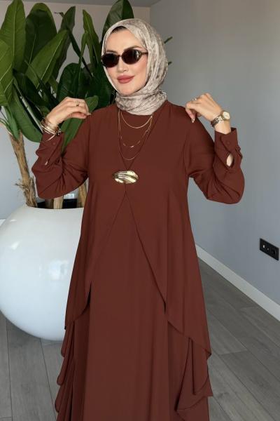 Kahverengi Özlem Elbise Gold Broşlu Tam Boy Özel Tasarım Tesettür Giyim