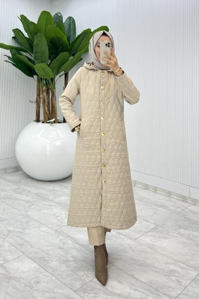 Krem Leman Kapitone Mont Tesettür Giyim