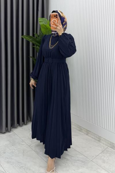 Lacivert Hifa Piliseli Elbise Tesettür Giyim