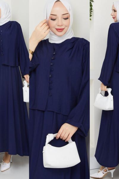 Lacivert Modadüğme Elbise Takım Tesettür Giyim