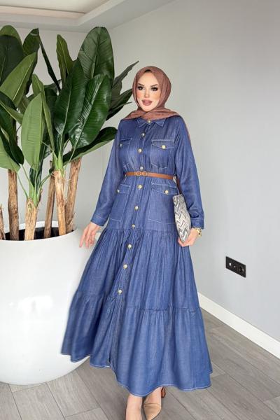 Lacivert Premium Kemerli Melise Kot Elbise Tesettür Giyim