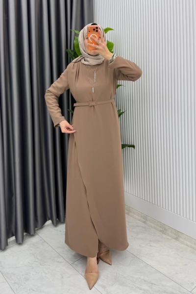 Latte Kemerli Nalan Tulum Elbise Tesettür Giyim