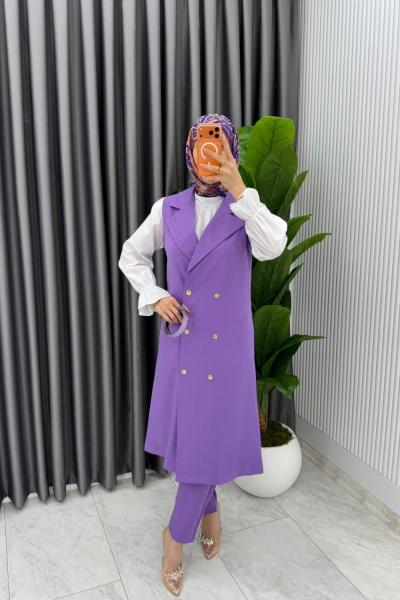 Lila Tuğba Kemerli Yelek Takım Tesettür Giyim