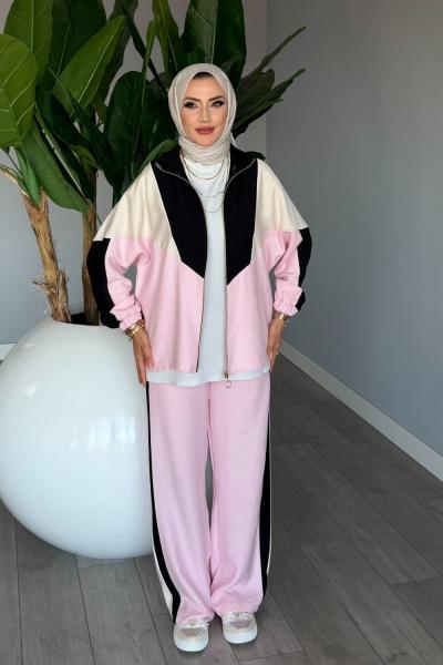 Pembe Başak Takım Genç Kadın Fermuarlı Spor Premium Seri Modal Kumaş Tesettür Giyim