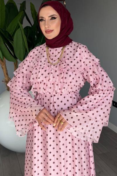 Pembe Puantiyeli Tensel Tül Kumaş Premium Seri Tesettür Giyim