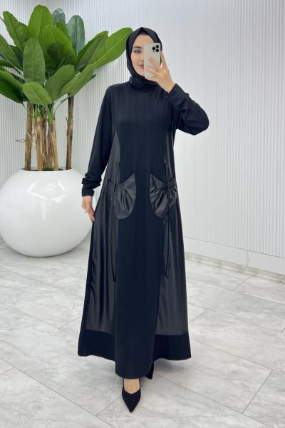Siyah Aysa Deri Cepli Elbise Tesettür Giyim