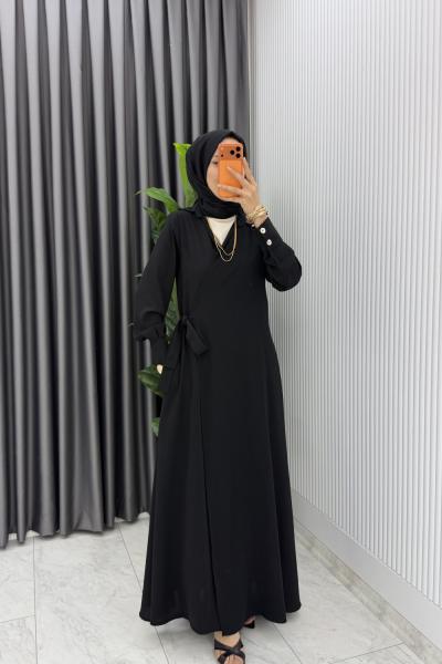 Siyah Eflal Bağlamalı Ferace Premium Seri Tesettür Giyim