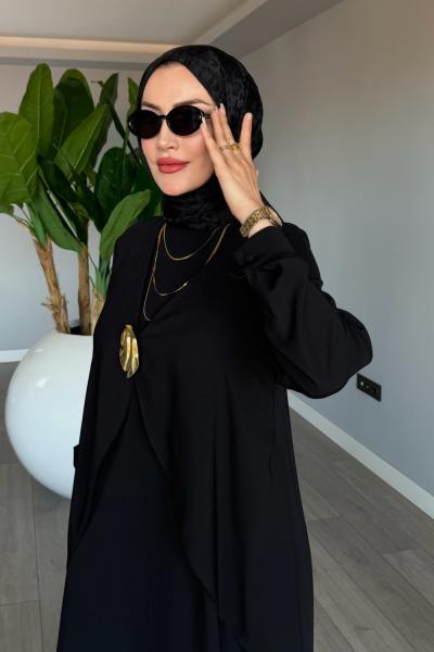 Siyah Özlem Elbise Gold Broşlu Tam Boy Özel Tasarım Tesettür Giyim