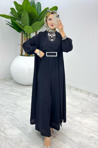 Siyah Premium Silva Tulumlu Abaya Takım Tesettür Giyim