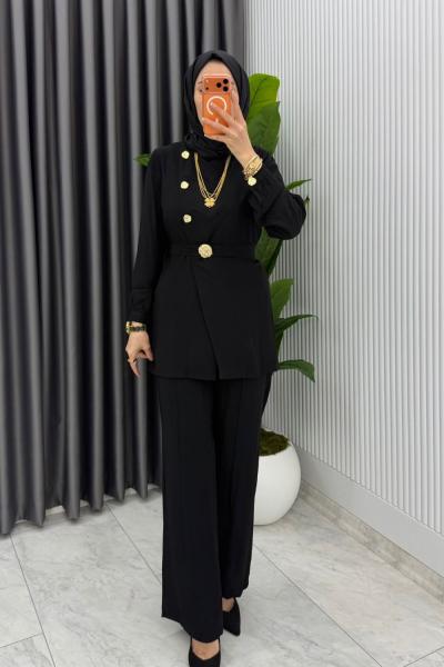 Siyah Premium Kemerli Gözde Takım Tesettür Giyim