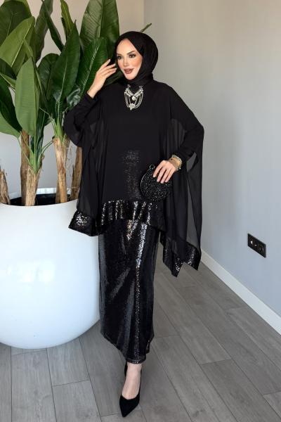 Siyah Premium Fatma Payetli Etek Takım Tesettür Giyim