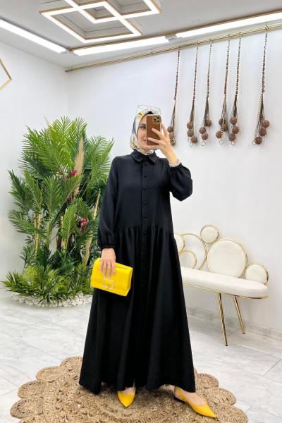 Siyah Yaren Keten Elbise Tesettür Giyim