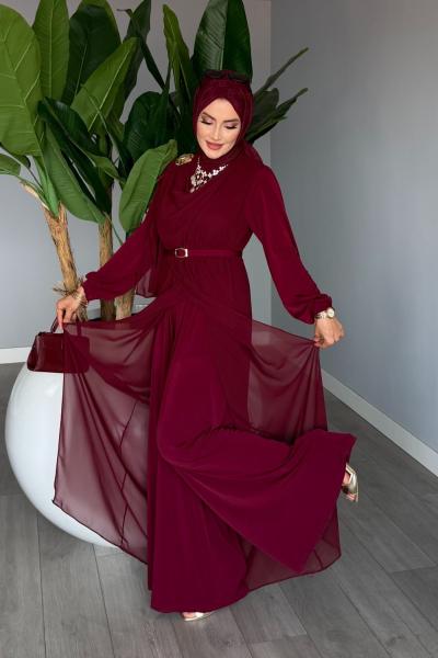 Vişne Kemerli Tulum Premium Seri Tasarım Tesettür Giyim