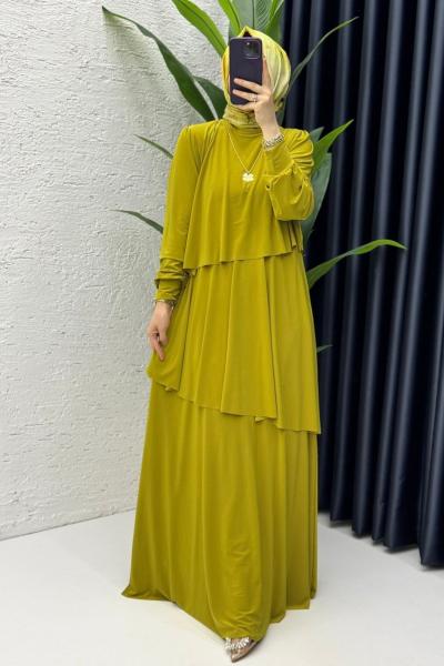 Yağ Yeşil Premium Sultan Elbise Tesettür Giyim