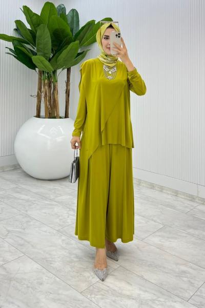 Yağ Yeşil Asimetrik Takım Tesettür Giyim
