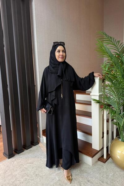 Asimetrik Detay Şallı Üçlü Takım Siyah