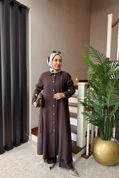 Bağlama Detay Maxi Boy Takım Kahverengi