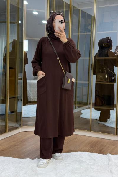 Burgu Kumaş Garnili Takım Kahverengi