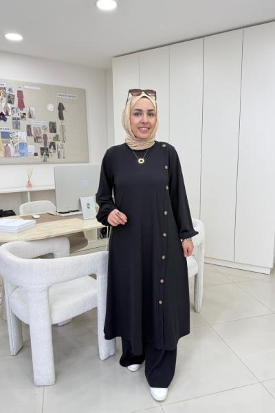 Çubuk Düğme Detaylı Takım Siyah