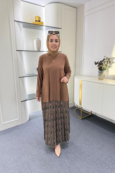 Etnik Desen Tilda Etekli Takım Vizon