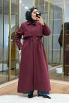 Fermuar Detaylı Maksi Boy Trençkot Bordo