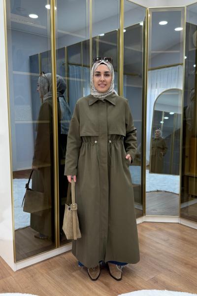 Fermuar Detaylı Maksi Boy Trençkot Haki