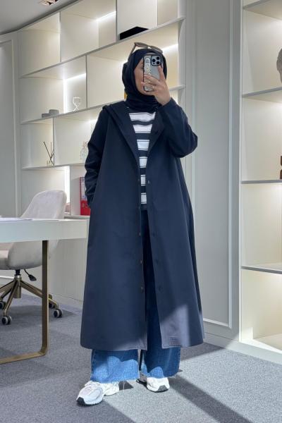 Kapüşonlu Astarlı Trençkot Lacivert