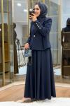 Pile Detaylı Ceket Etekli Takım Lacivert