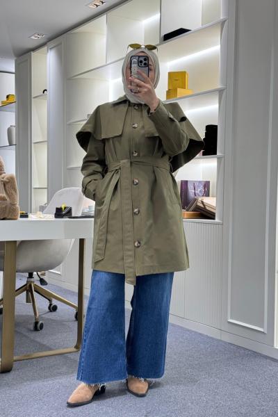 Seyyar Pelerinli Trençkot Haki