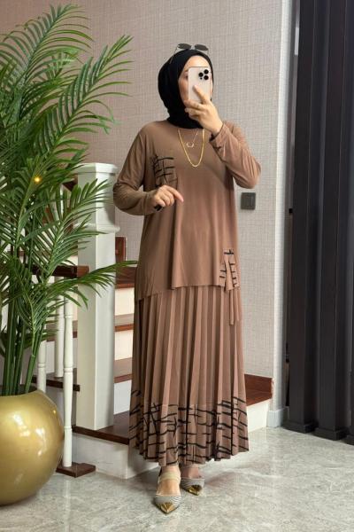 Yırtmaçlı Tilda Etekli Takım Vizon