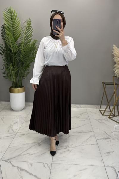 Deri Görünümlü Etek Bluz Takım Kahve