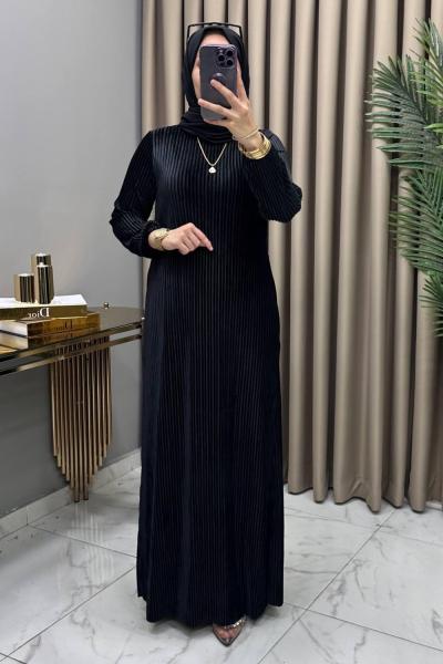 Multi Piliseli Kadife Elbise Siyah